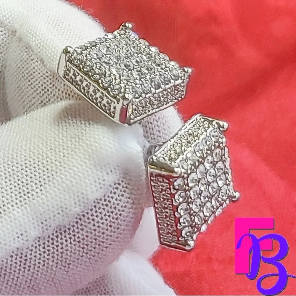 Iced Mens 14K White Gold Micropave Earrings